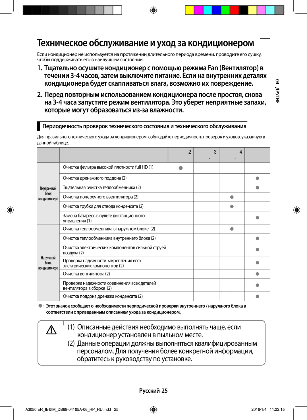 Samsung AR09HSFSRWKNER, AR07HQFNAWKNER, AR09HQFNAWKNER manual Техническое обслуживание и уход за кондиционером, Русский-25 