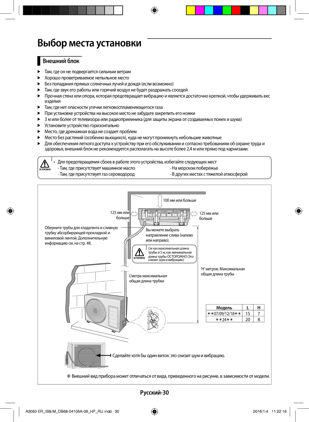 Samsung AR07HQFSAWKNER, AR07HQFNAWKNER, AR09HSFSRWKNER manual Внешний блок, Русский-30, Там, где присутствует газ сероводород 