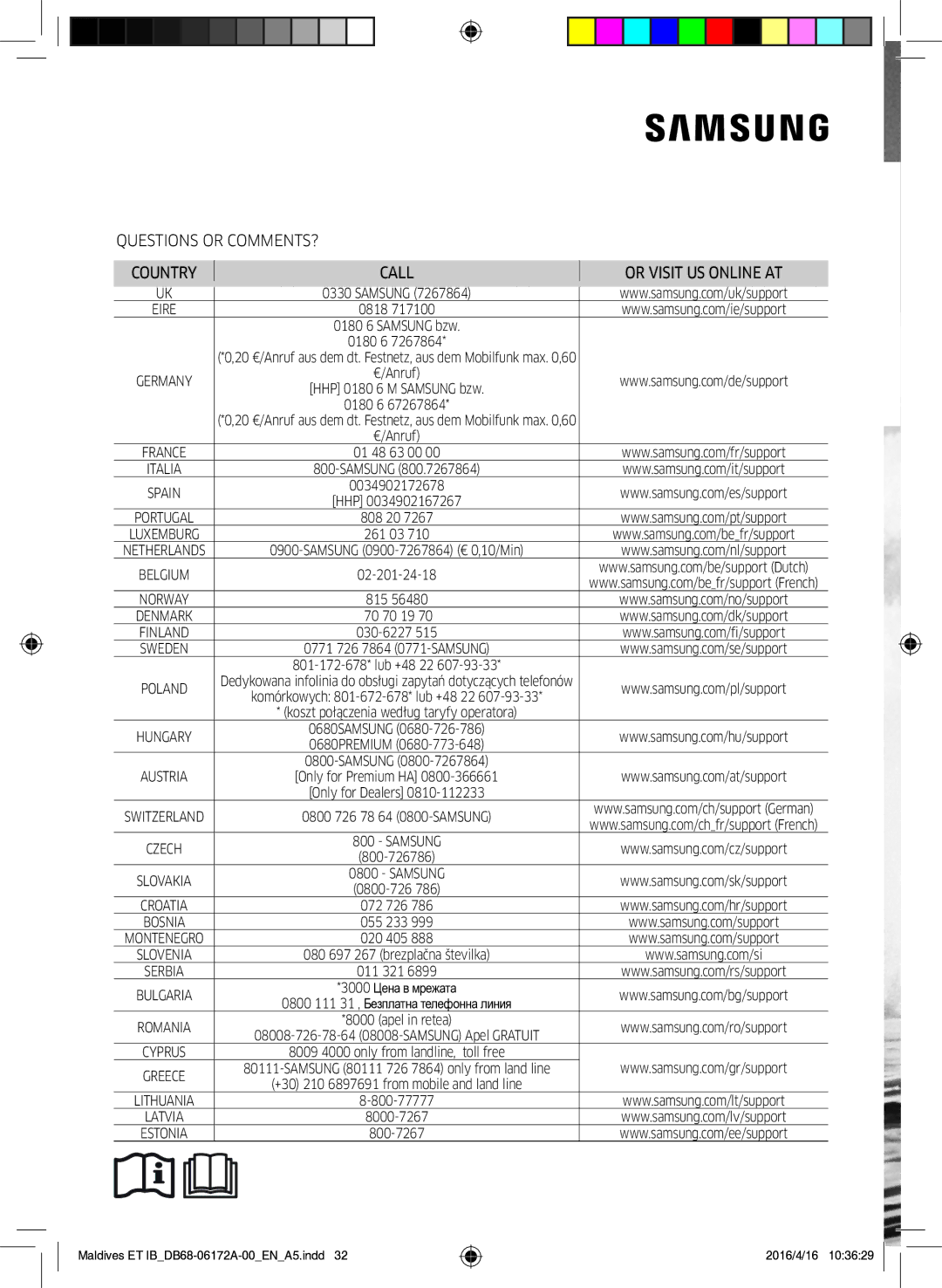 Samsung AR12KSFPEWQNET, AR07KSFPEWQNEU, AR09KSFPEWQNET manual Questions or COMMENTS? Country Call Or Visit US Online AT 