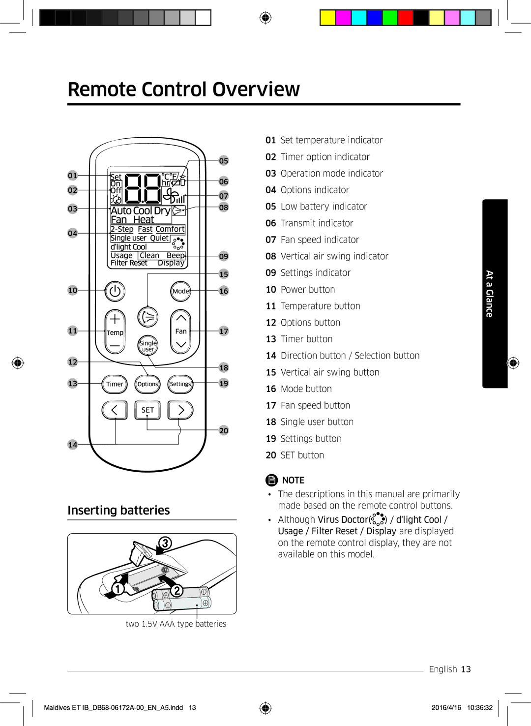 Samsung AR09KSFPEWQNET, AR07KSFPEWQNEU, AR12KSFPEWQNET manual Remote Control Overview, Inserting batteries 