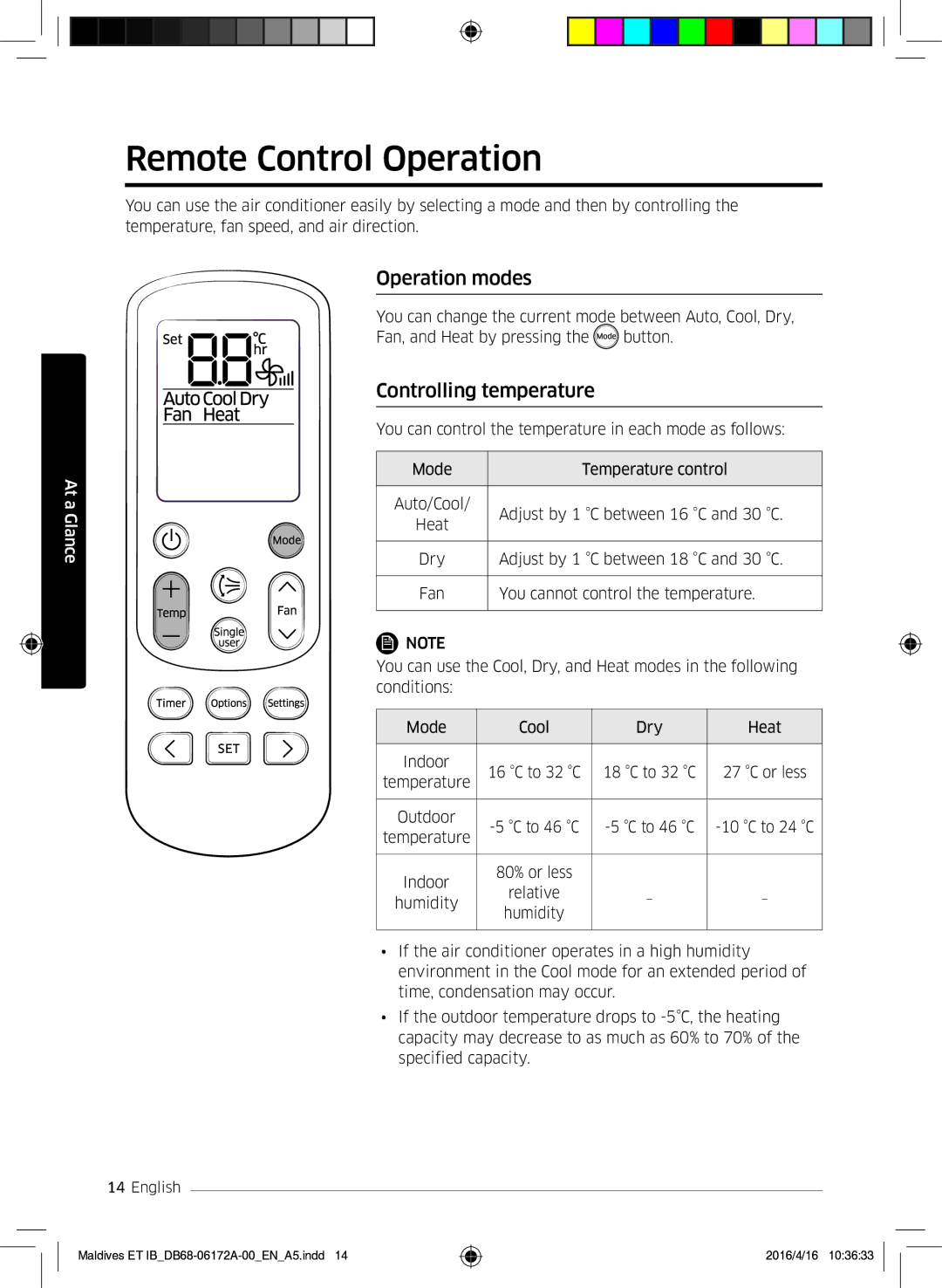 Samsung AR07KSFPEWQNEU, AR12KSFPEWQNET, AR09KSFPEWQNET Remote Control Operation, Operation modes, Controlling temperature 