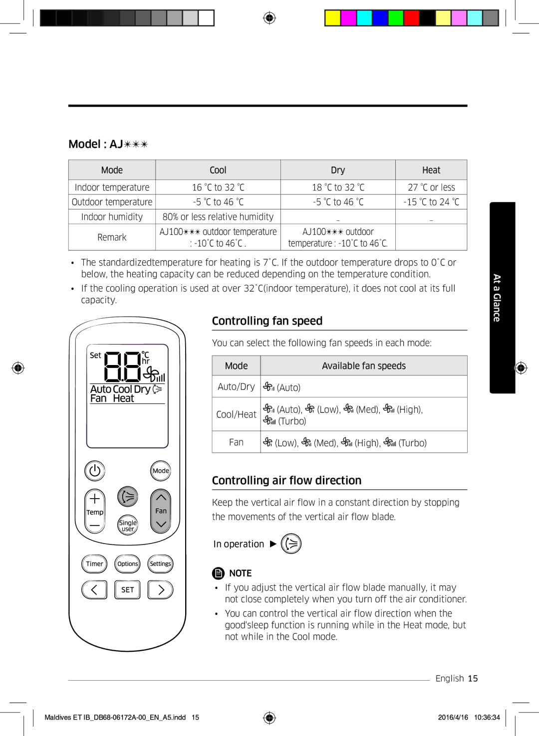 Samsung AR12KSFPEWQNET, AR07KSFPEWQNEU, AR09KSFPEWQNET Model AJ, Controlling fan speed, Controlling air flow direction 