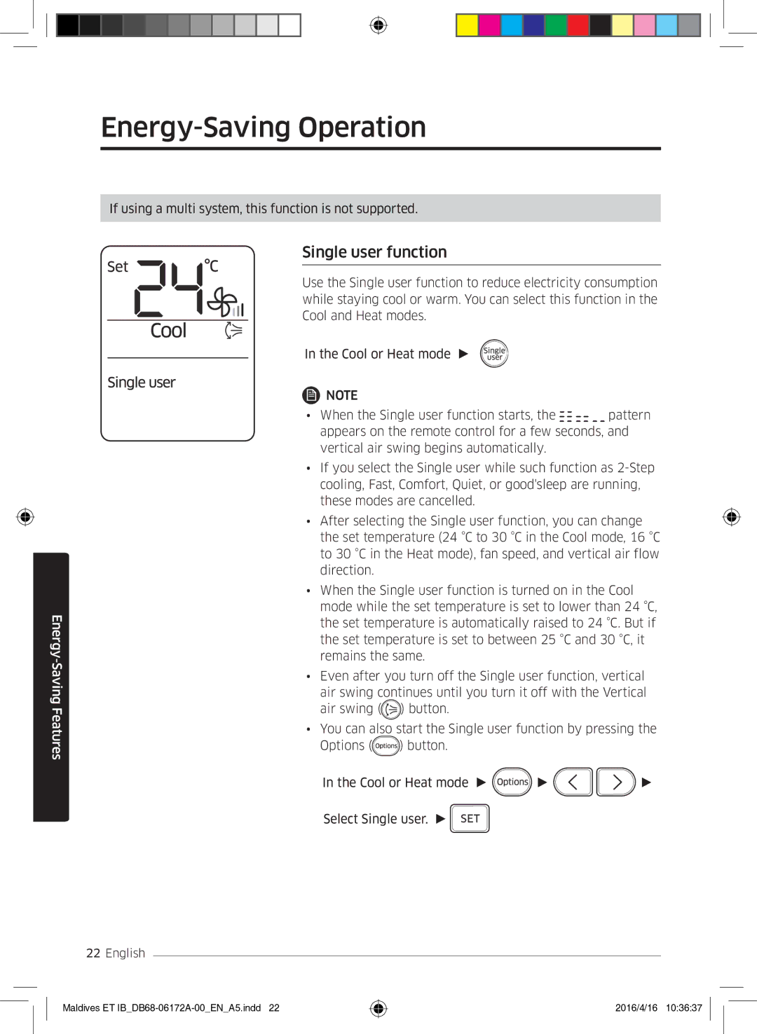 Samsung AR09KSFPEWQNET, AR07KSFPEWQNEU, AR12KSFPEWQNET manual Energy-Saving Operation, Single user function 