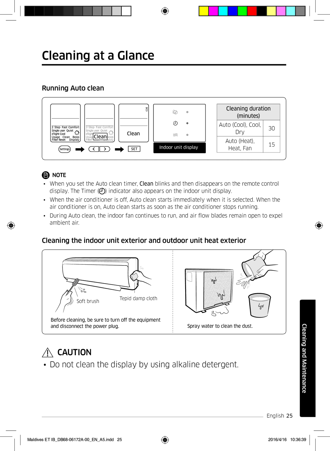 Samsung AR09KSFPEWQNET, AR07KSFPEWQNEU, AR12KSFPEWQNET manual Cleaning at a Glance, Running Auto clean 