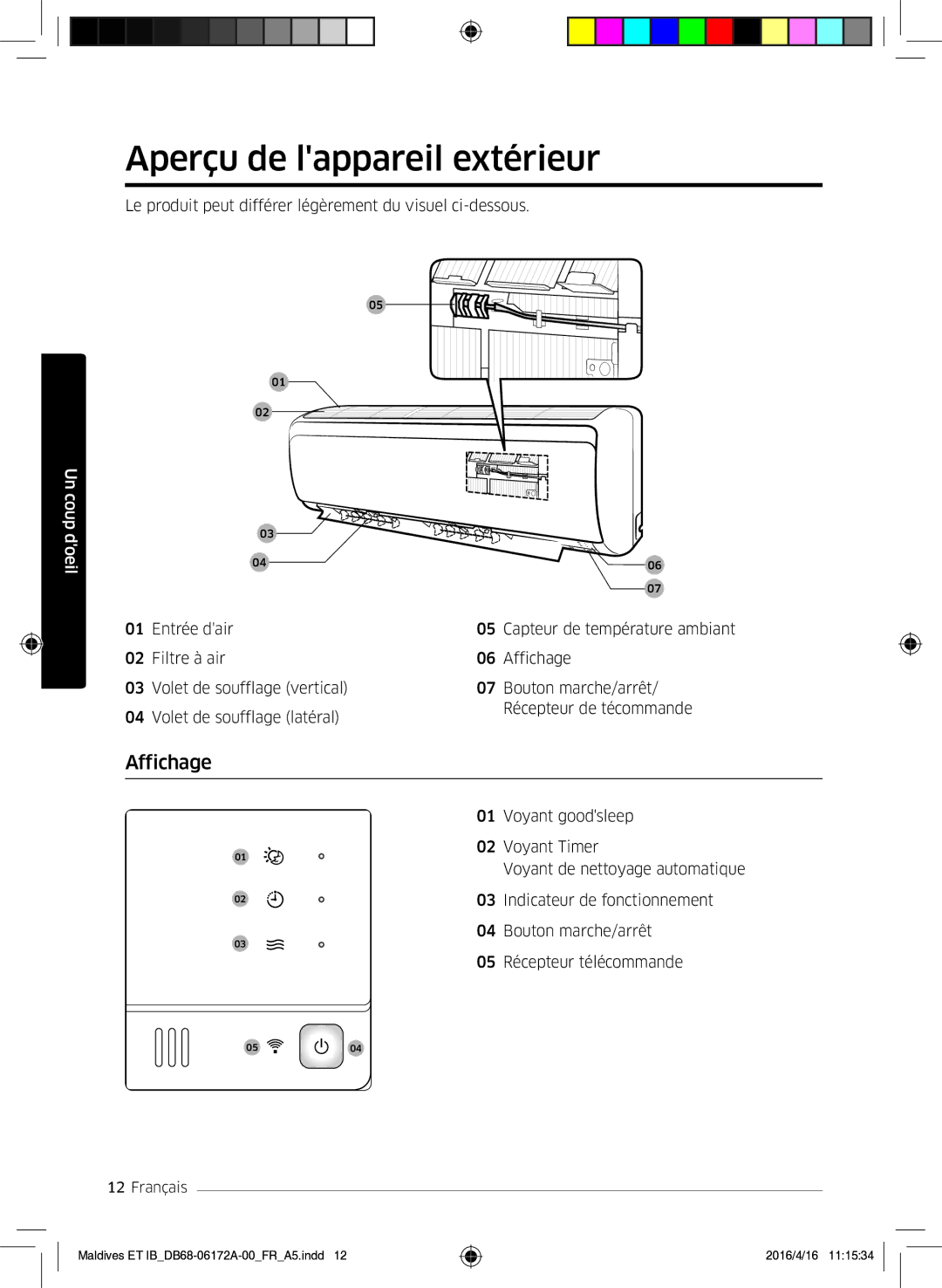 Samsung AR12KSFPEWQNET, AR07KSFPEWQNEU, AR09KSFPEWQNET manual Aperçu de lappareil extérieur, Affichage 