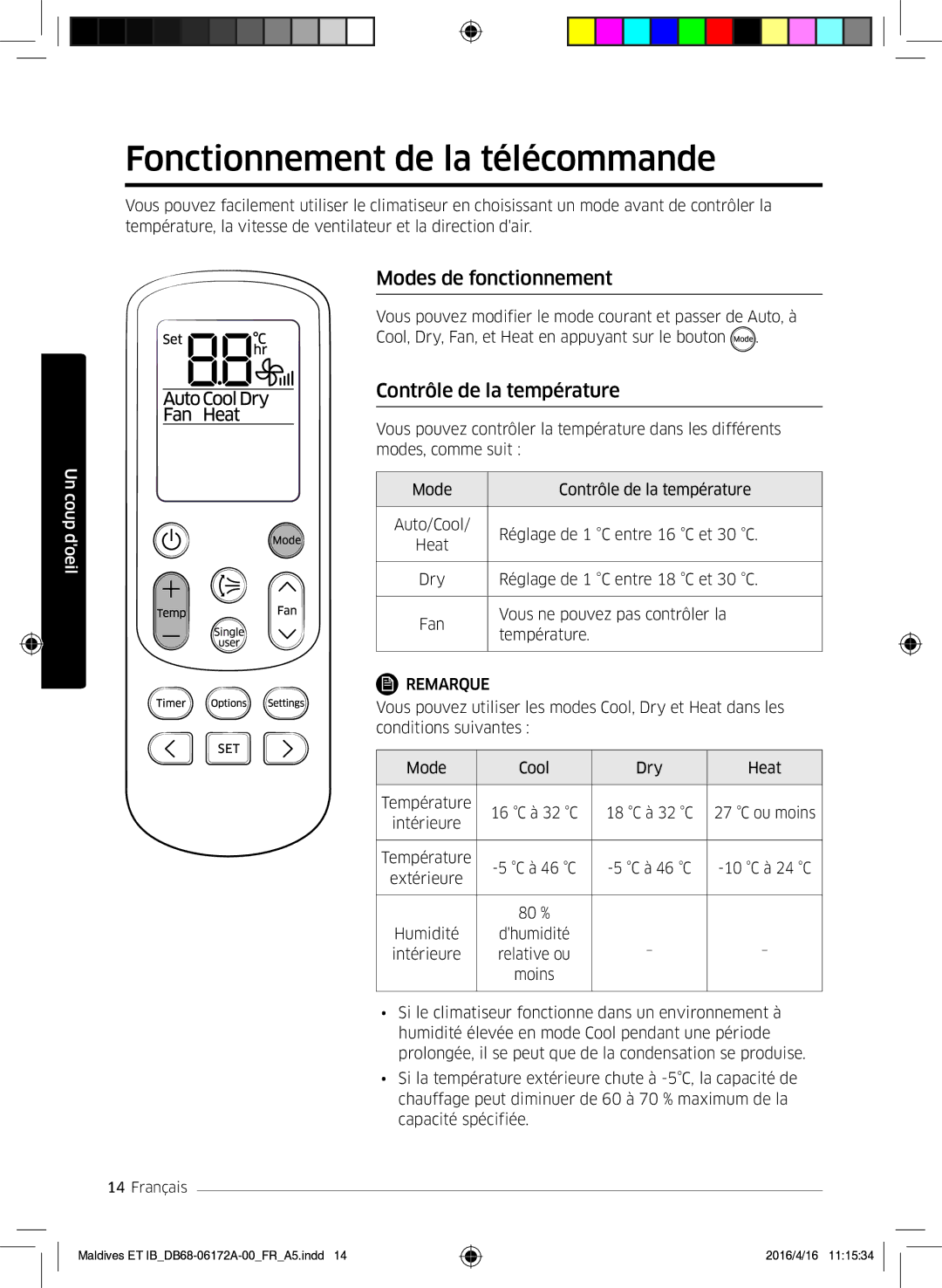 Samsung AR07KSFPEWQNEU manual Fonctionnement de la télécommande, Modes de fonctionnement, Contrôle de la température 