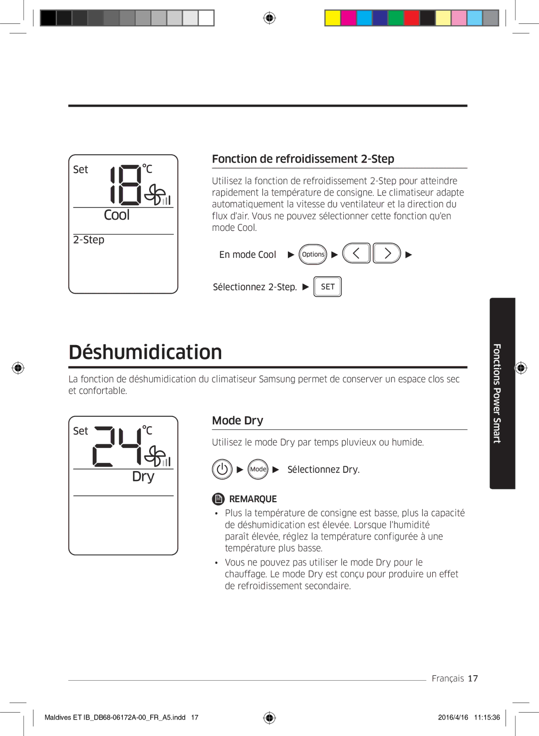 Samsung AR07KSFPEWQNEU, AR12KSFPEWQNET, AR09KSFPEWQNET manual Déshumidication, Fonction de refroidissement 2-Step, Mode Dry 