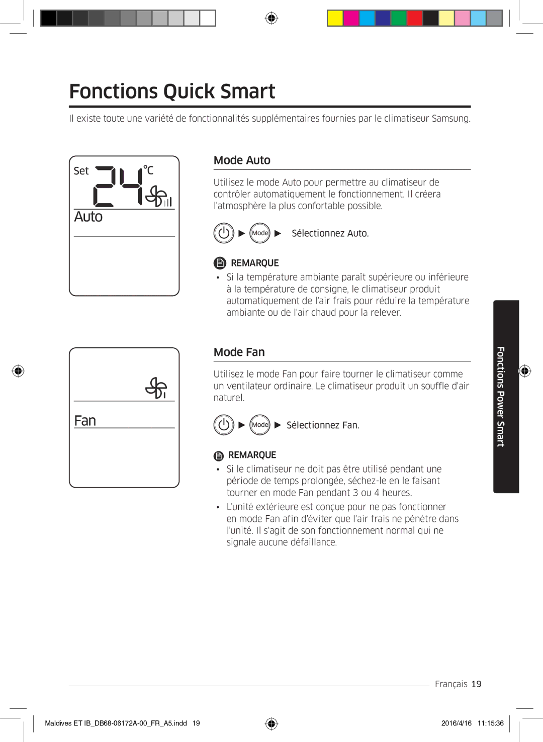 Samsung AR09KSFPEWQNET, AR07KSFPEWQNEU, AR12KSFPEWQNET manual Fonctions Quick Smart, Mode Auto, Mode Fan 