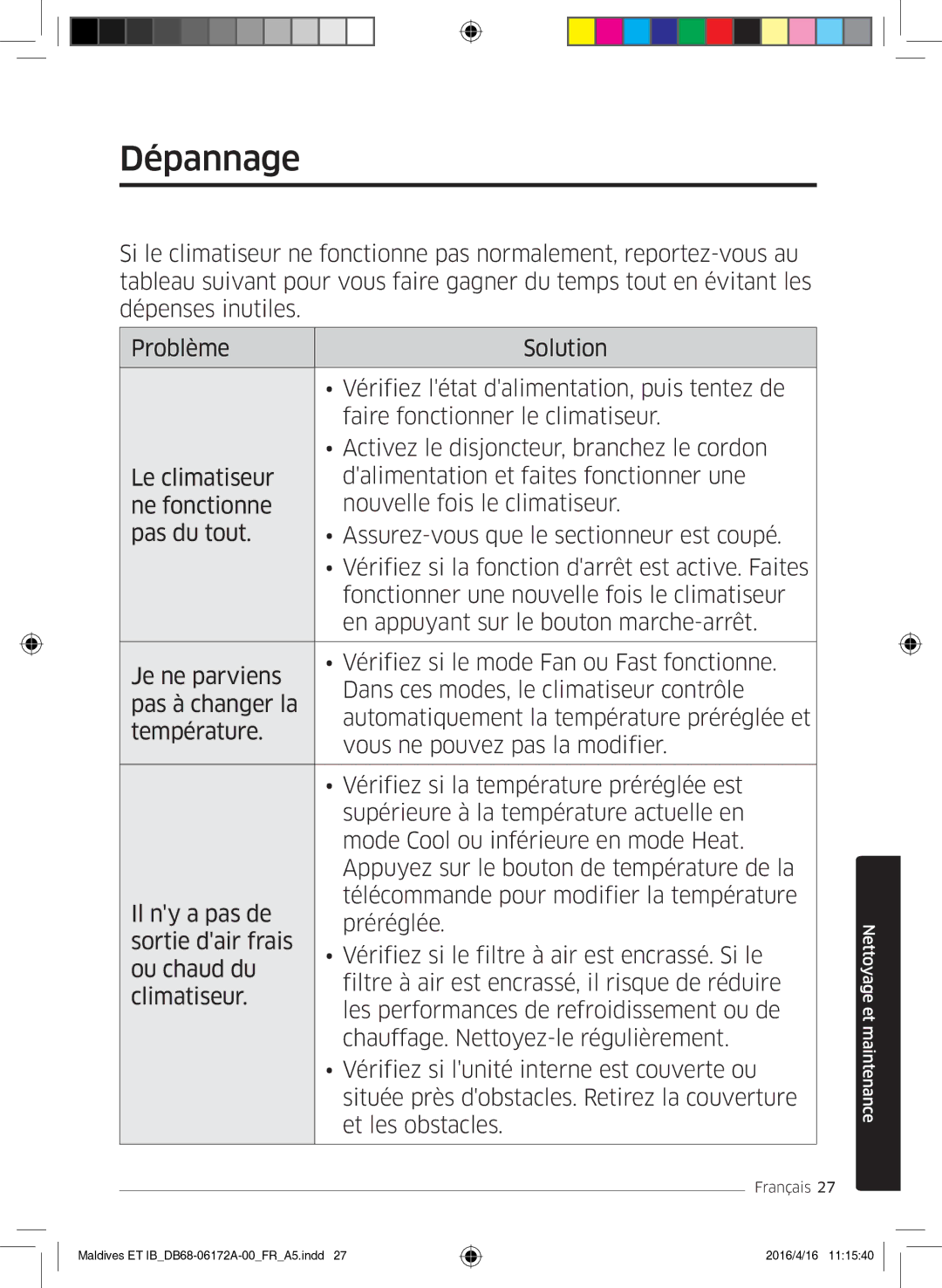 Samsung AR12KSFPEWQNET, AR07KSFPEWQNEU, AR09KSFPEWQNET manual Dépannage 