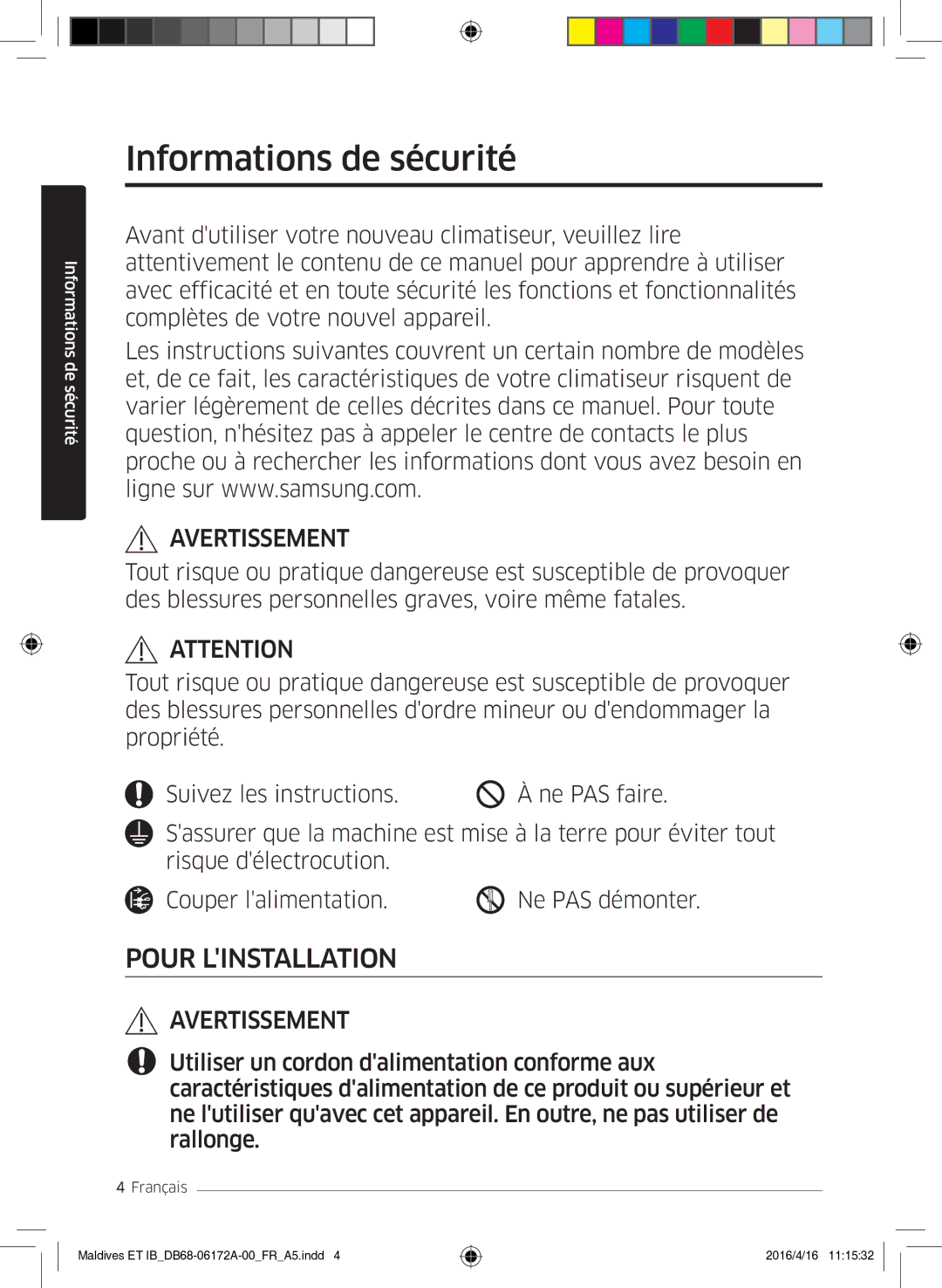 Samsung AR09KSFPEWQNET, AR07KSFPEWQNEU, AR12KSFPEWQNET manual Informations de sécurité, Avertissement 