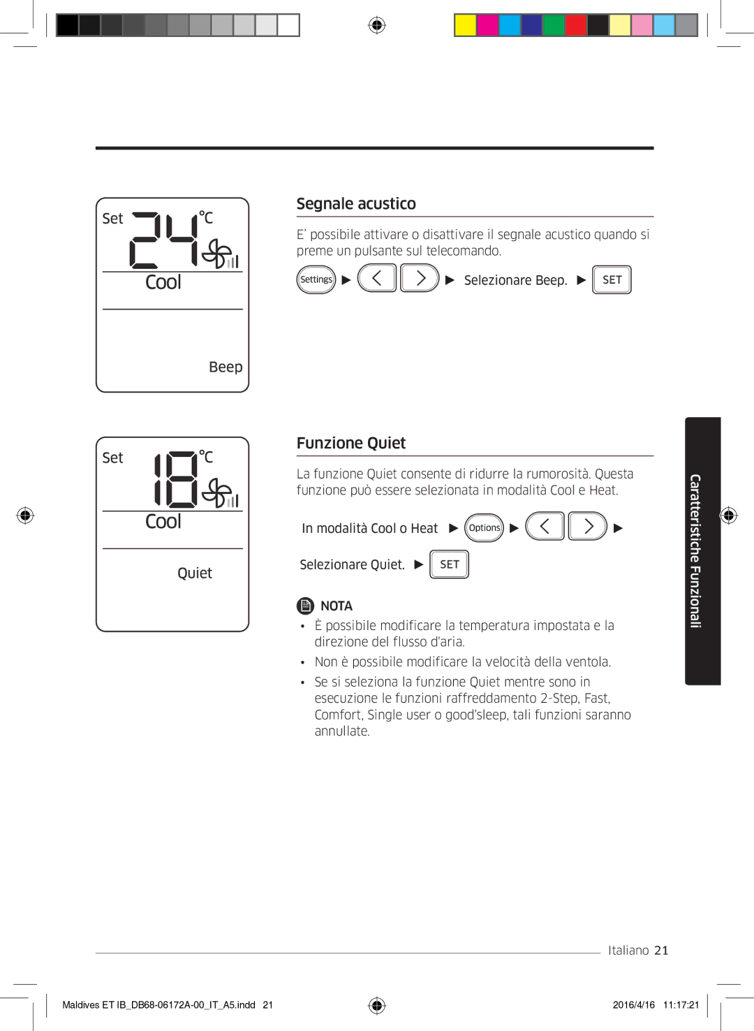 Samsung AR12KSFPEWQNET, AR07KSFPEWQNEU, AR09KSFPEWQNET manual Segnale acustico, Funzione Quiet 