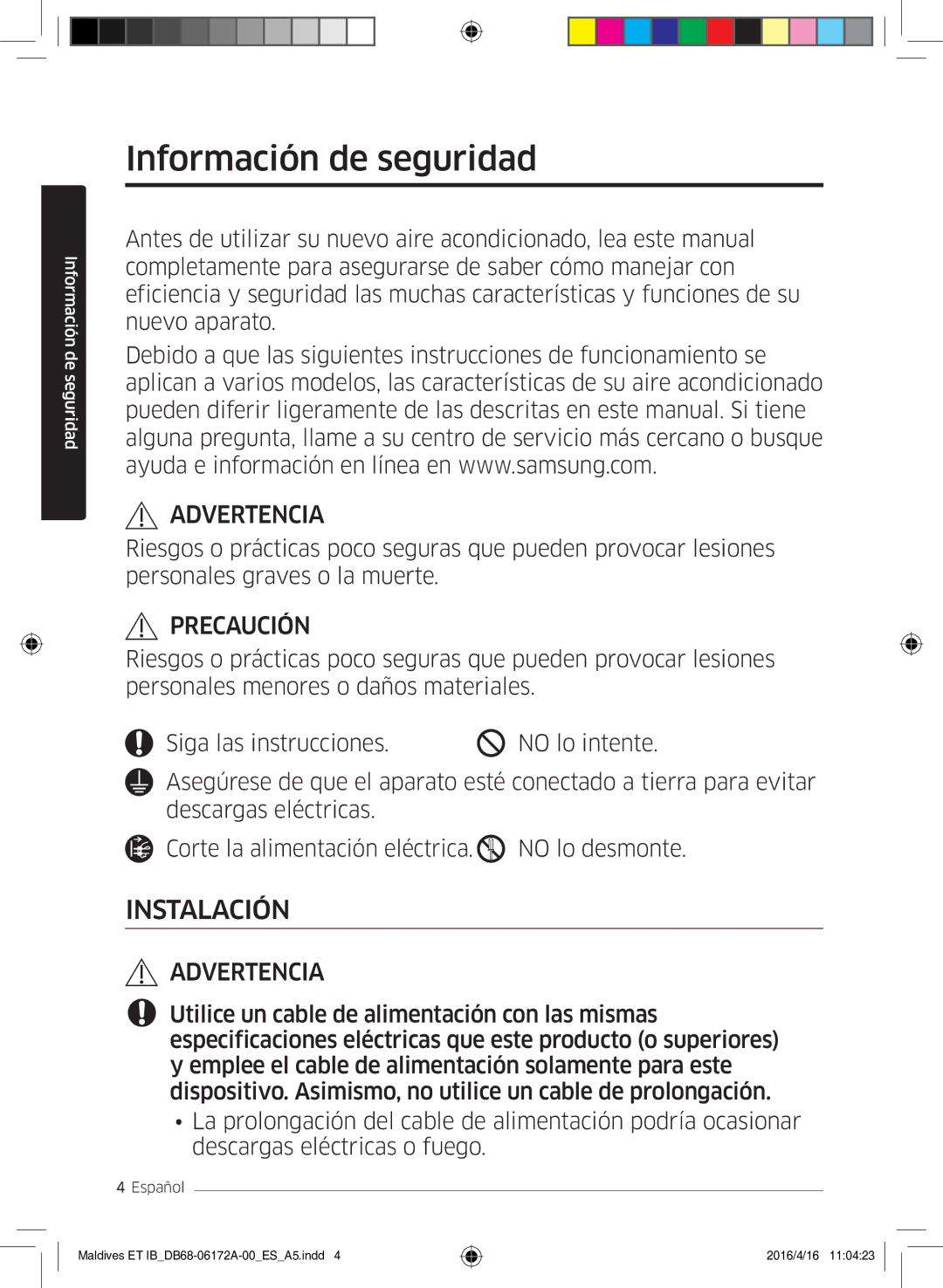 Samsung AR09KSFPEWQNET, AR07KSFPEWQNEU, AR12KSFPEWQNET manual Información de seguridad, Advertencia 