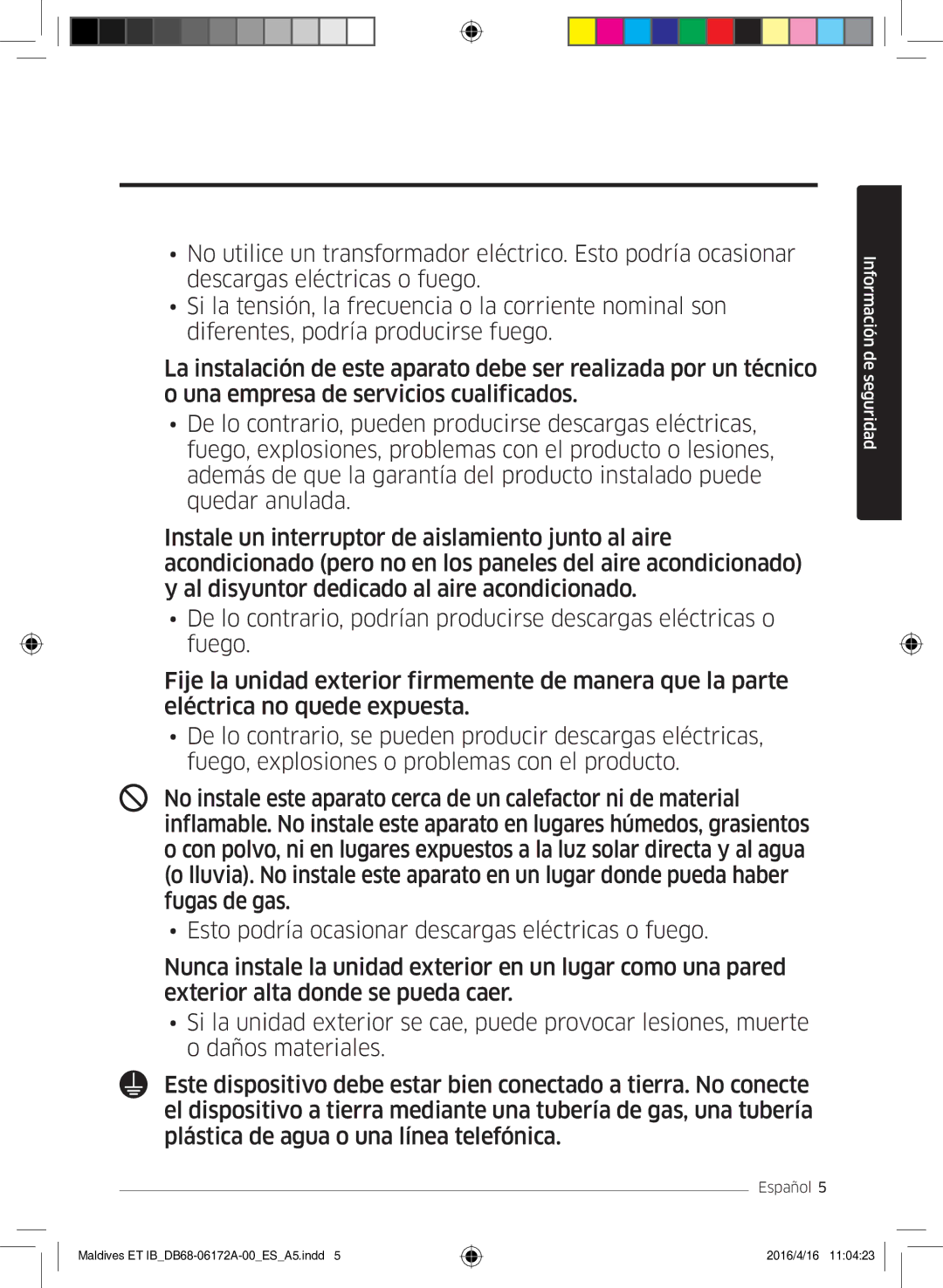 Samsung AR07KSFPEWQNEU, AR12KSFPEWQNET, AR09KSFPEWQNET manual Información de seguridad 