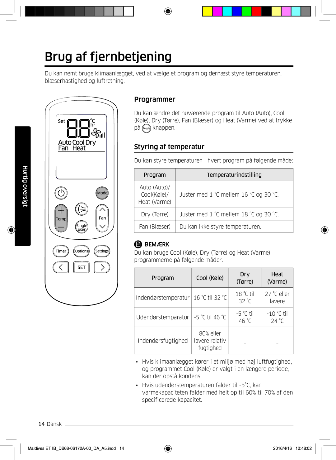 Samsung AR07KSFPEWQNEU, AR12KSFPEWQNET, AR09KSFPEWQNET manual Brug af fjernbetjening, Programmer, Styring af temperatur 