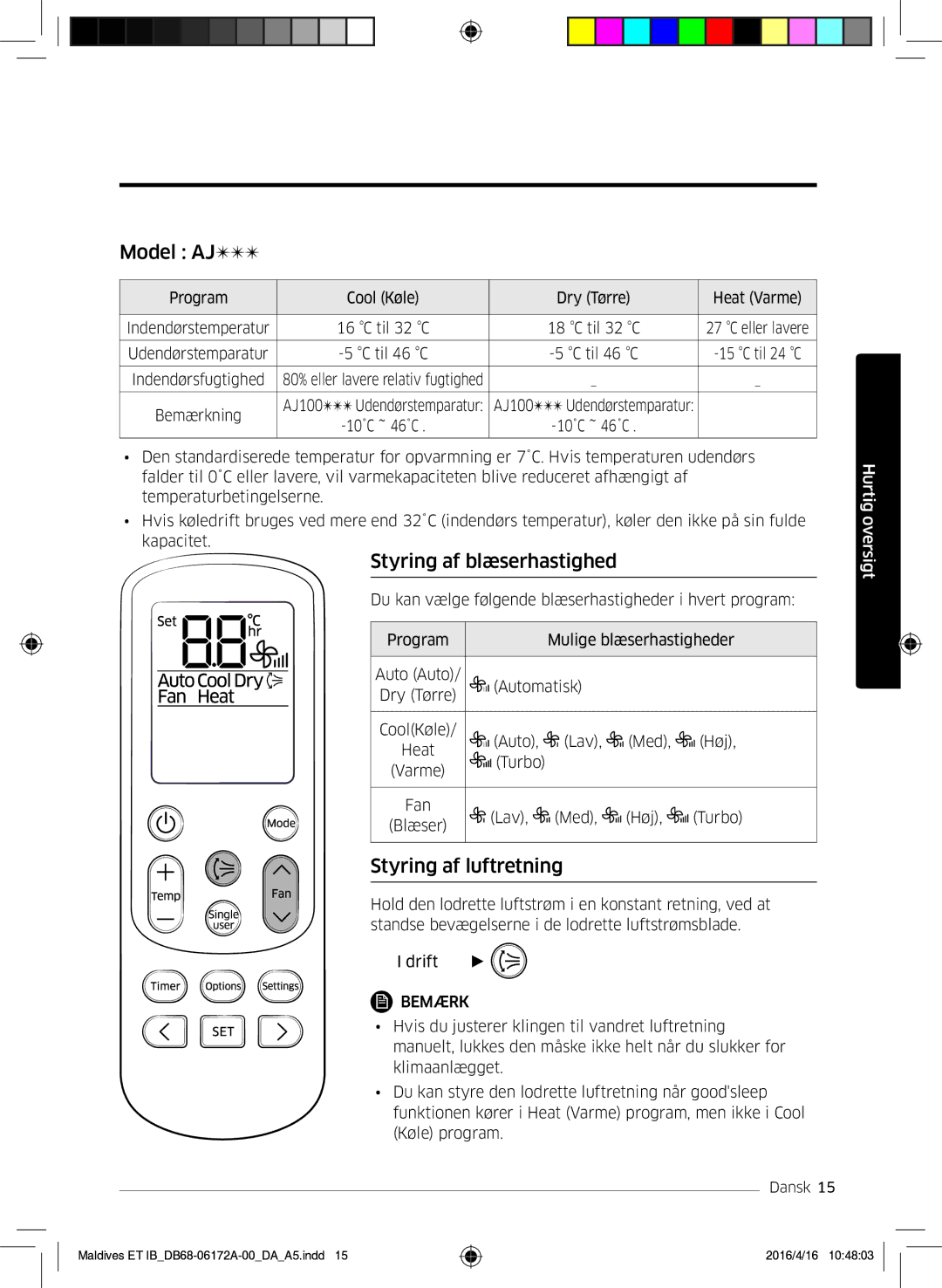 Samsung AR12KSFPEWQNET, AR07KSFPEWQNEU, AR09KSFPEWQNET manual Model AJ, Styring af blæserhastighed, Styring af luftretning 