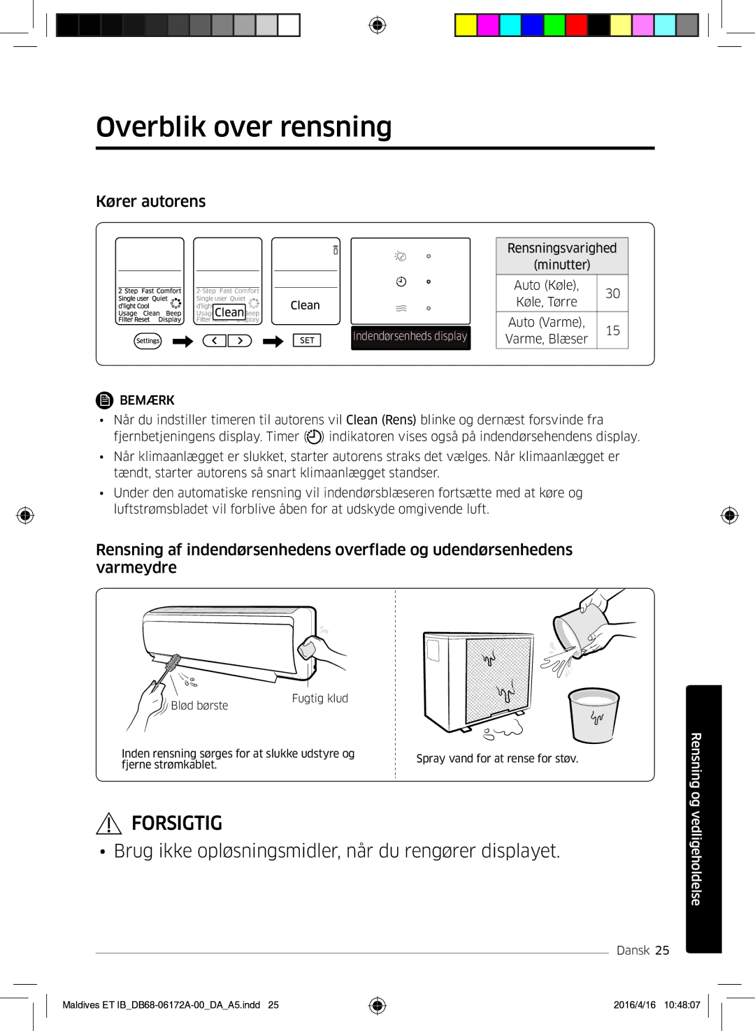 Samsung AR09KSFPEWQNET, AR07KSFPEWQNEU, AR12KSFPEWQNET manual Overblik over rensning, Kører autorens 