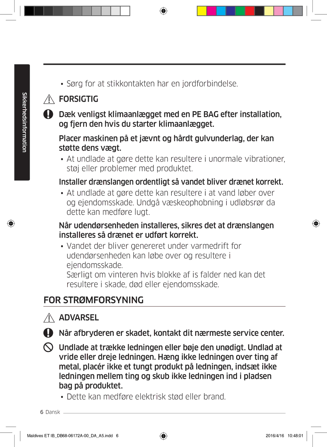 Samsung AR12KSFPEWQNET, AR07KSFPEWQNEU, AR09KSFPEWQNET manual For Strømforsyning 