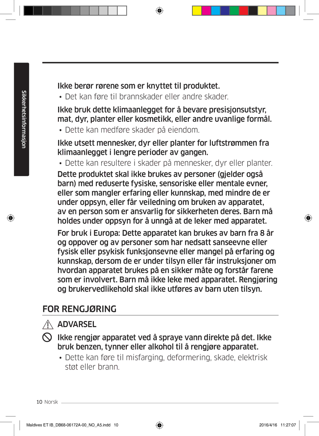 Samsung AR09KSFPEWQNET, AR07KSFPEWQNEU, AR12KSFPEWQNET manual For Rengjøring 