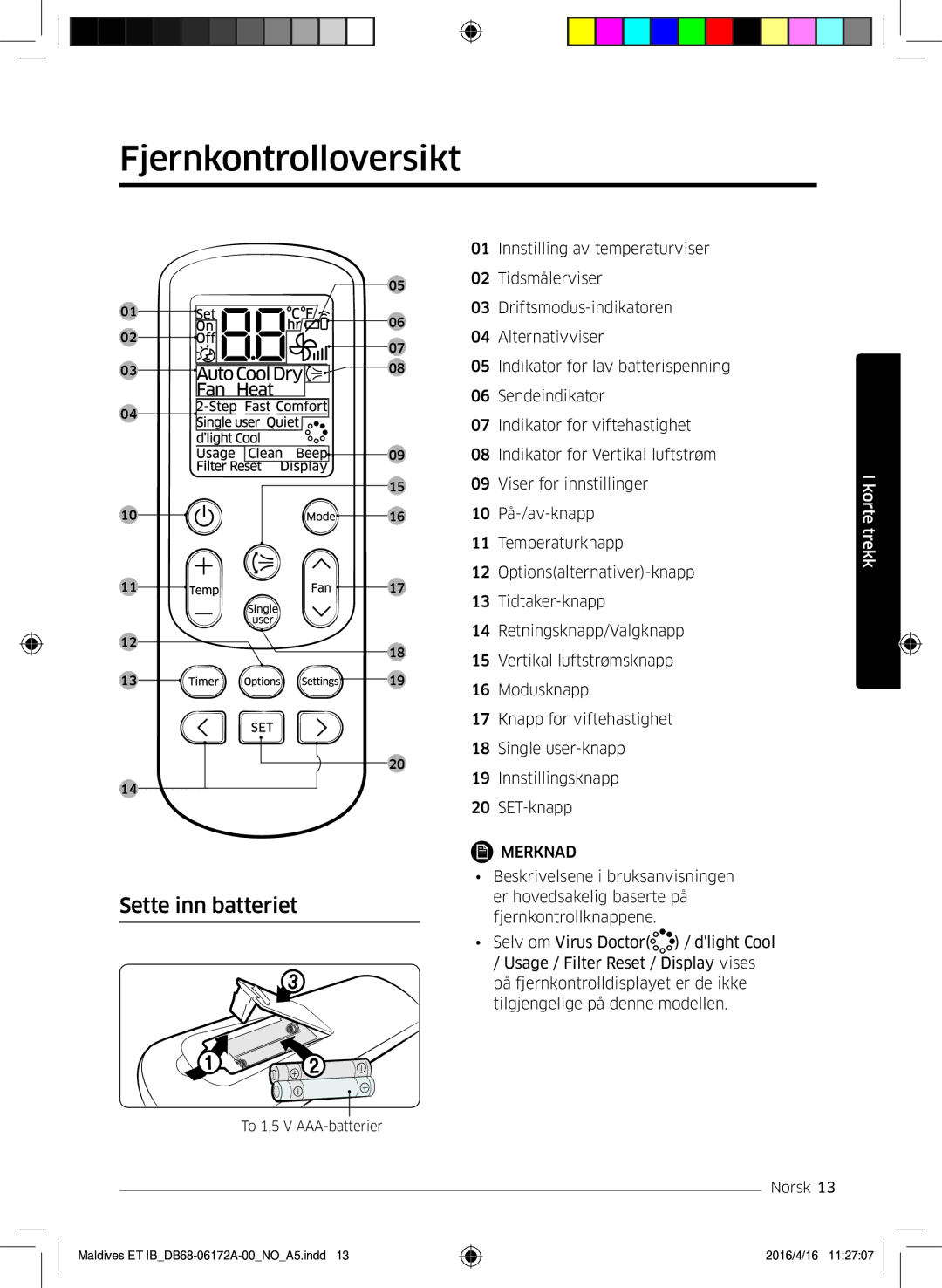 Samsung AR09KSFPEWQNET, AR07KSFPEWQNEU, AR12KSFPEWQNET manual Fjernkontrolloversikt, Sette inn batteriet 