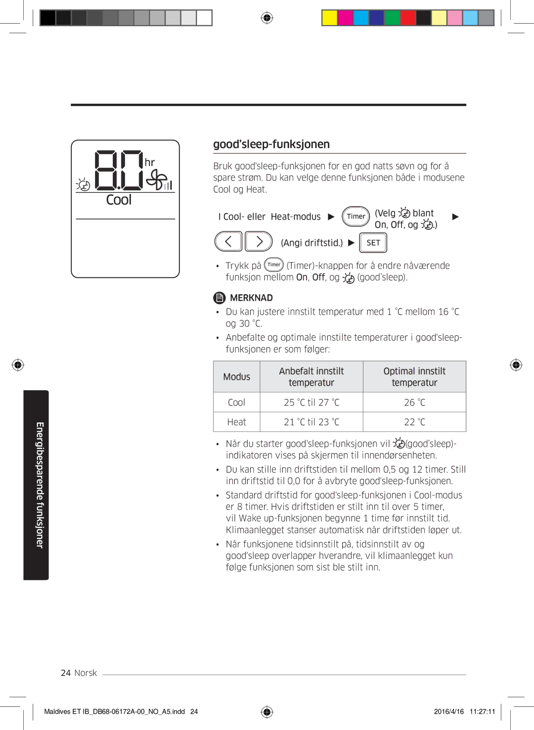 Samsung AR12KSFPEWQNET, AR07KSFPEWQNEU, AR09KSFPEWQNET manual Good’sleep-funksjonen 