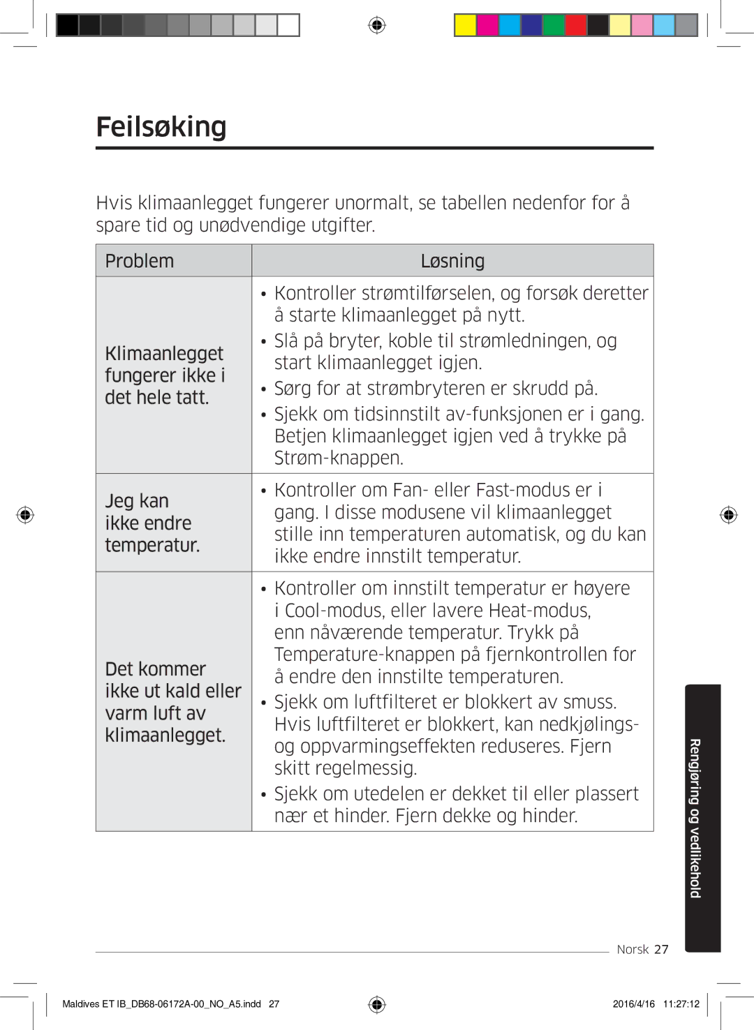 Samsung AR12KSFPEWQNET, AR07KSFPEWQNEU, AR09KSFPEWQNET manual Feilsøking 