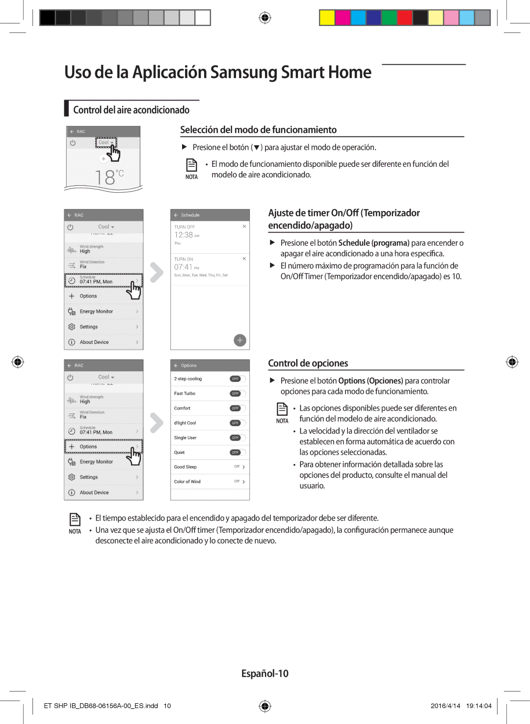 Samsung AR07KSWSAWKNEU manual Control de opciones, Español-10, FFPresione el botón  para ajustar el modo de operación 