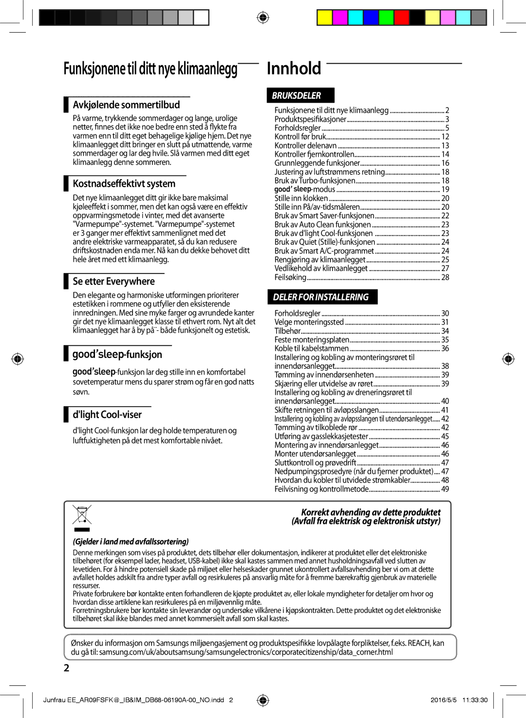 Samsung AR09FSFKBWTXEE, AR09FSFKBWTNEE, AR12FSFKBWTXEE, AR12FSFKBWTNEE manual Innhold 