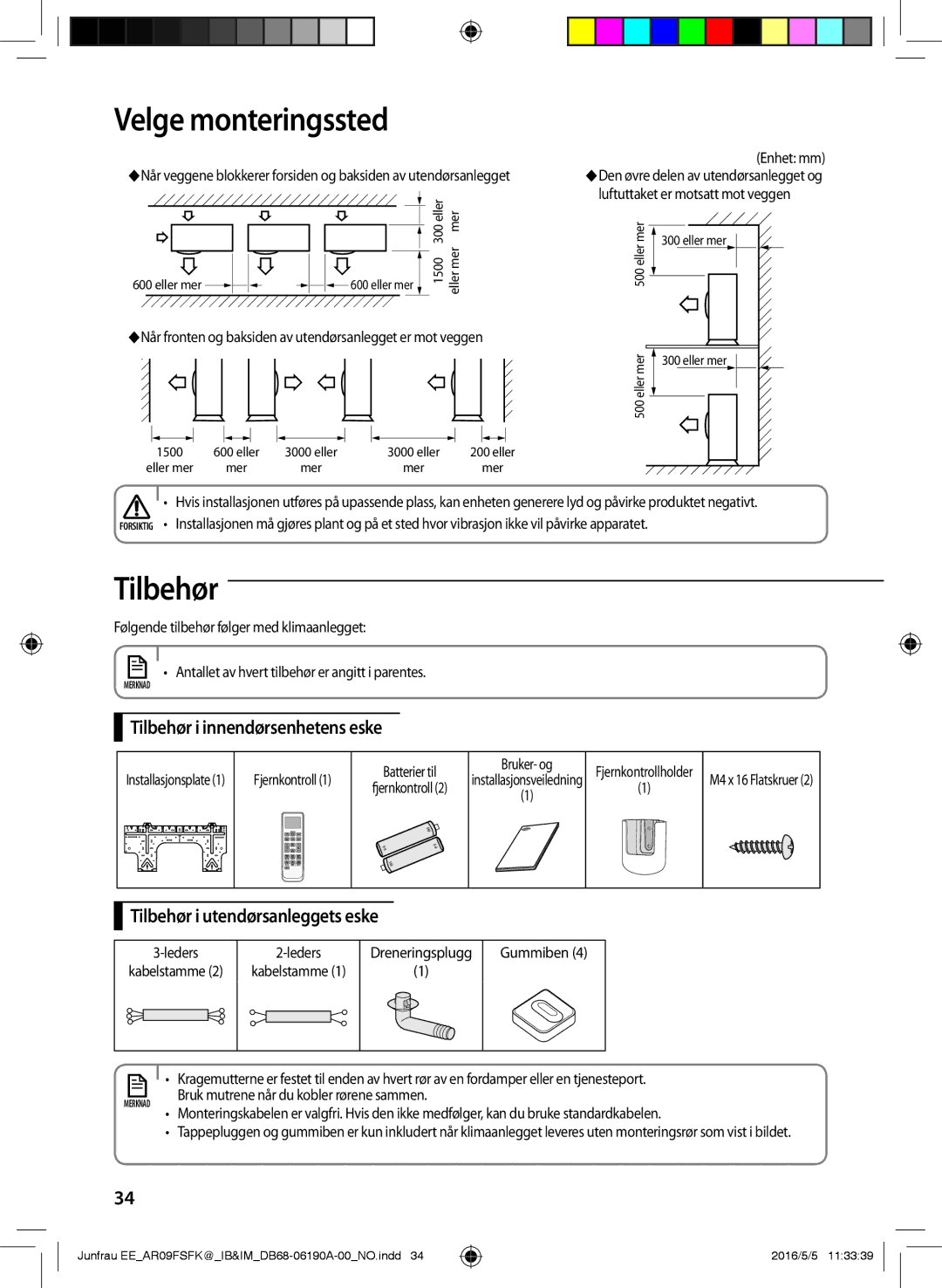 Samsung AR09FSFKBWTXEE, AR09FSFKBWTNEE manual Tilbehør i innendørsenhetens eske, Tilbehør i utendørsanleggets eske 