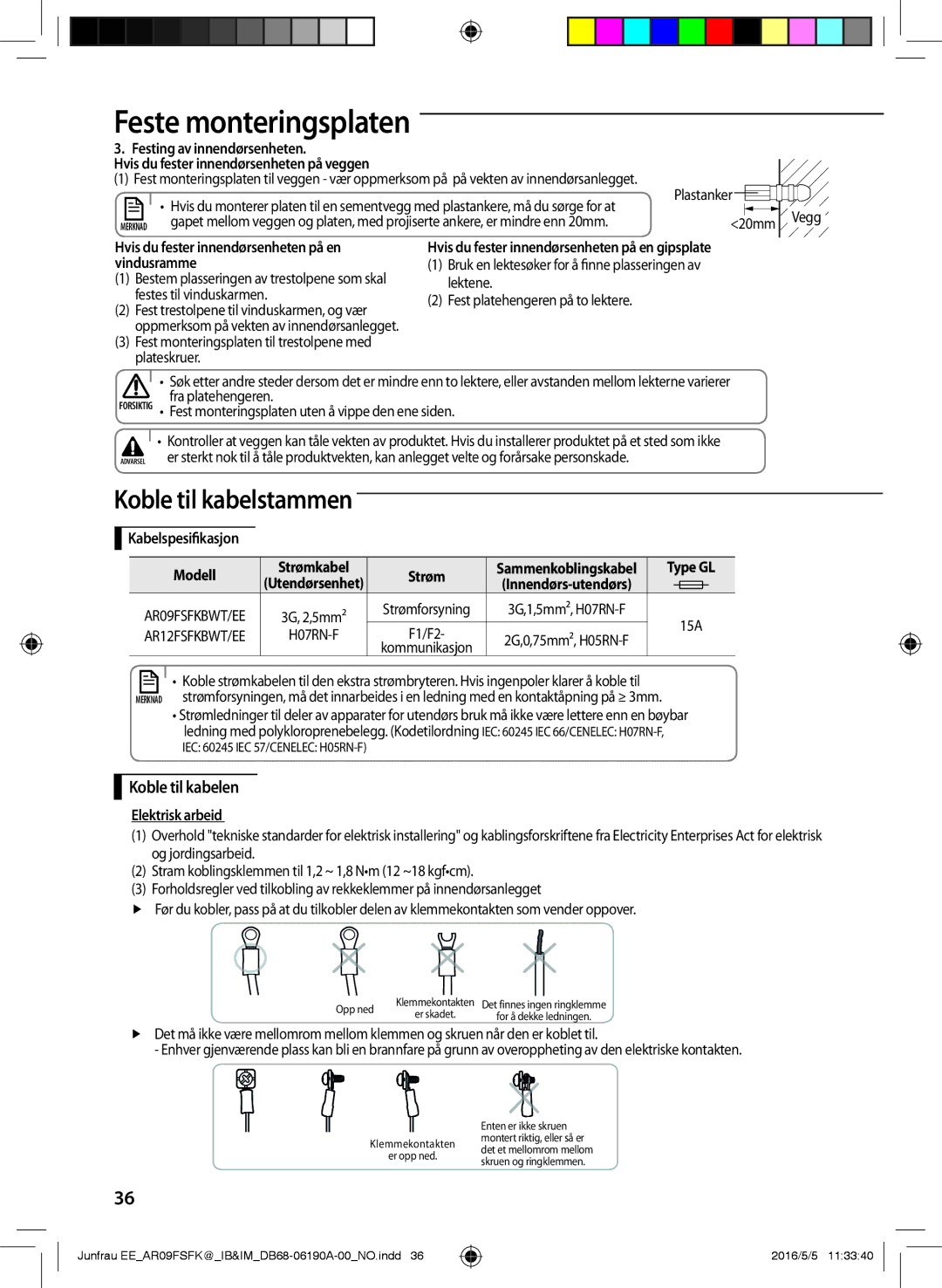 Samsung AR09FSFKBWTNEE, AR12FSFKBWTXEE, AR09FSFKBWTXEE, AR12FSFKBWTNEE Vindusramme, Kabelspesifikasjon, Elektrisk arbeid 