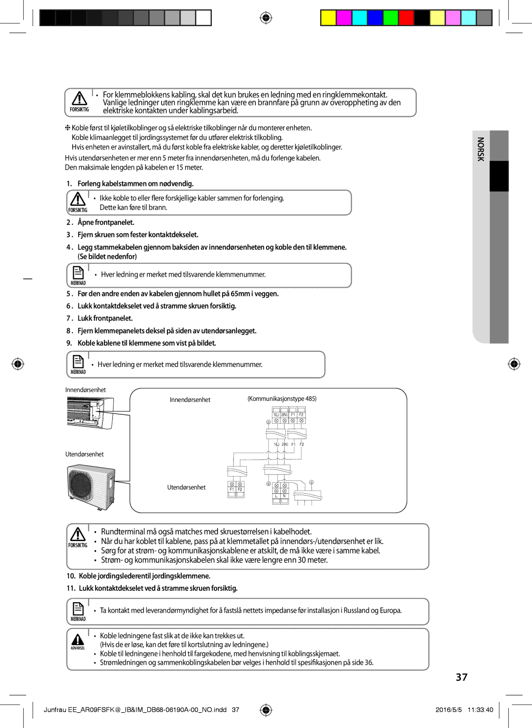 Samsung AR12FSFKBWTXEE, AR09FSFKBWTNEE, AR09FSFKBWTXEE, AR12FSFKBWTNEE manual Elektriske kontakten under kablingsarbeid 