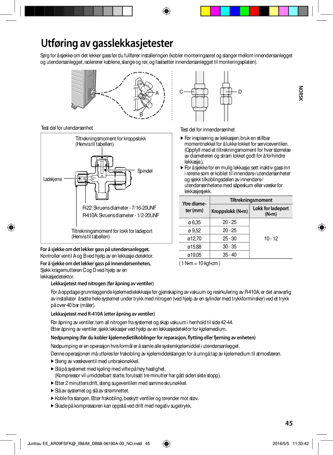 Samsung AR12FSFKBWTXEE, AR09FSFKBWTNEE, AR09FSFKBWTXEE, AR12FSFKBWTNEE Utføring av gasslekkasjetester, Tiltrekningsmoment 