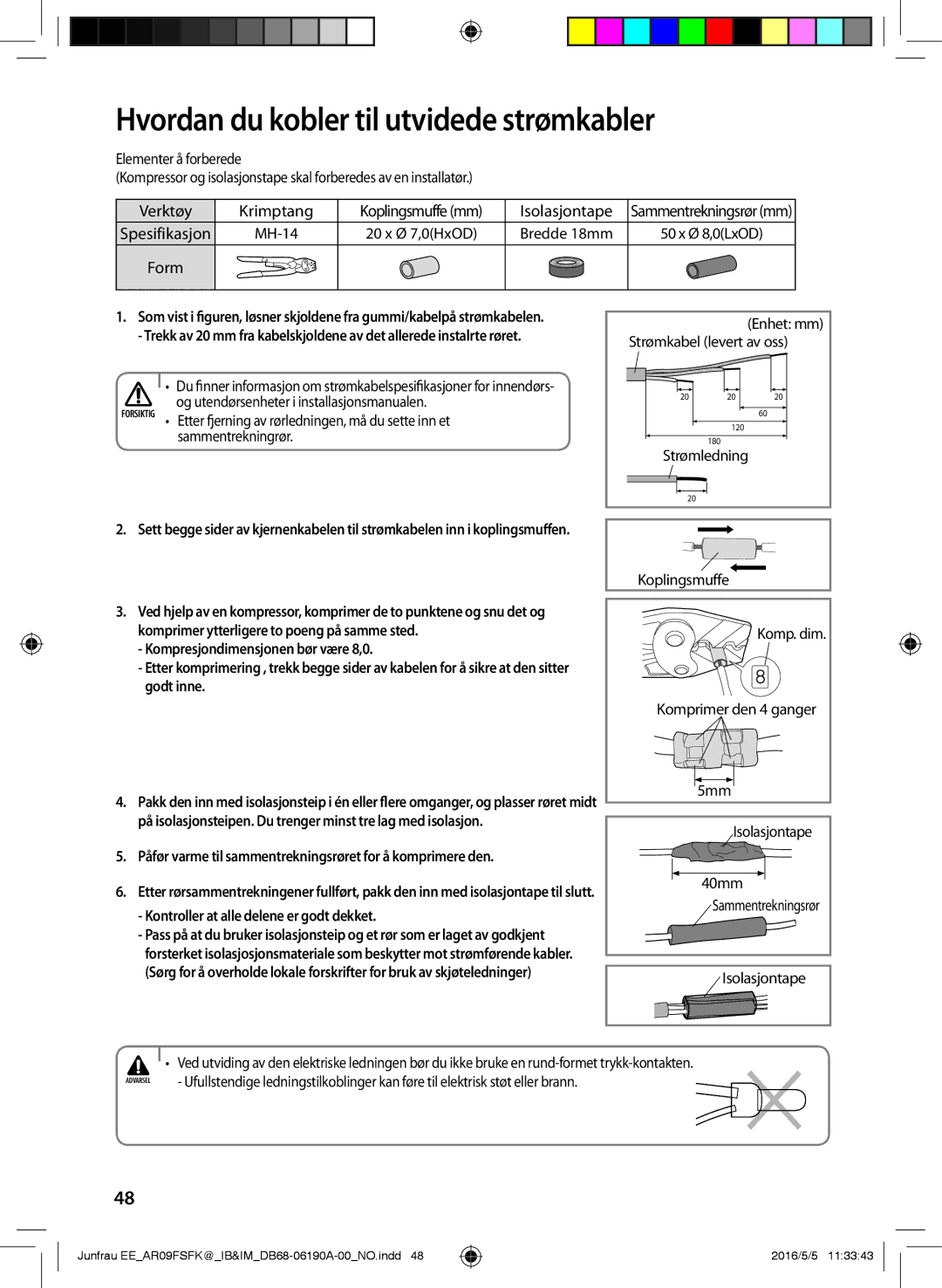 Samsung AR09FSFKBWTNEE manual Hvordan du kobler til utvidede strømkabler, Kontroller at alle delene er godt dekket 