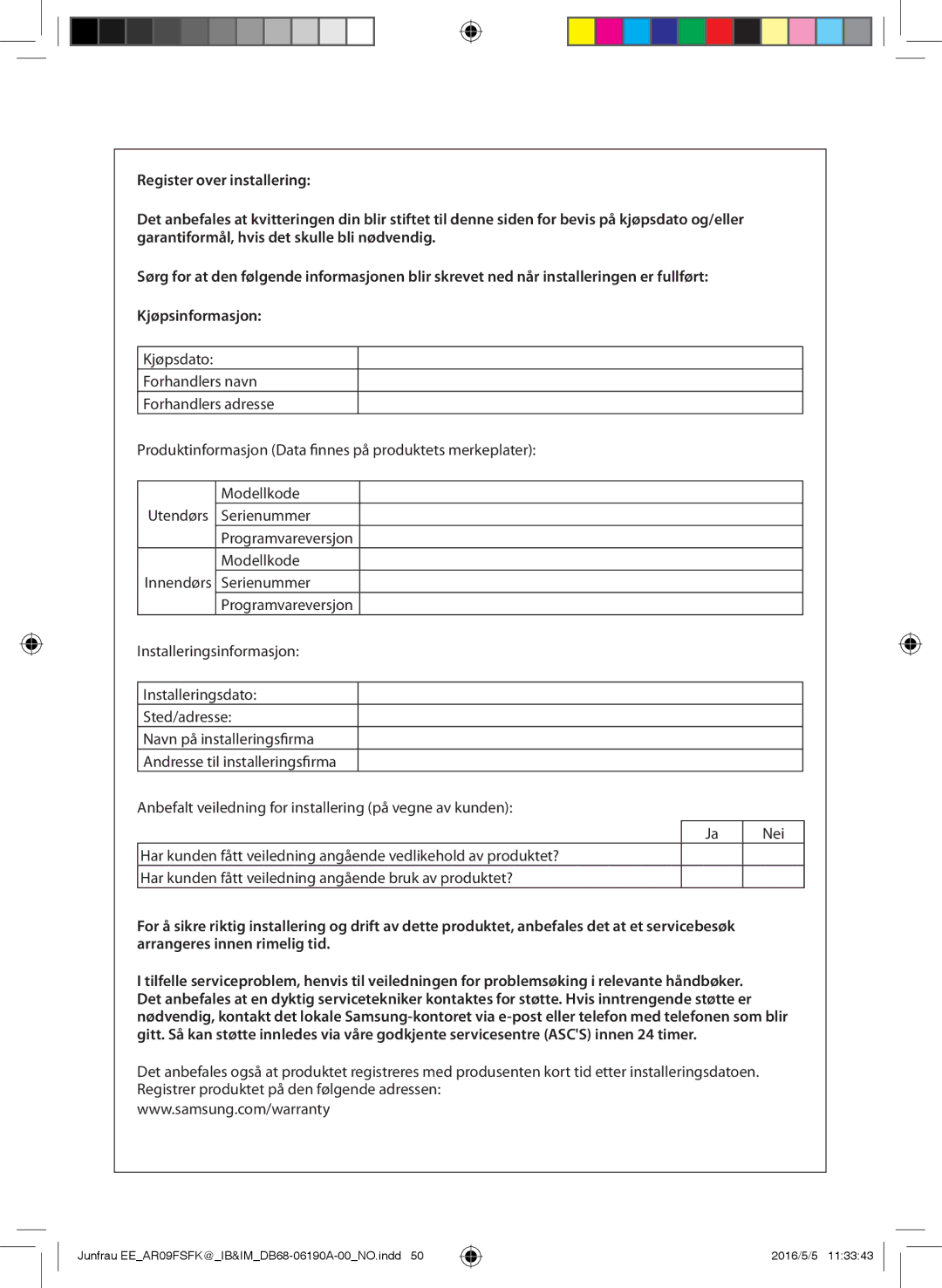 Samsung AR09FSFKBWTXEE, AR09FSFKBWTNEE, AR12FSFKBWTXEE, AR12FSFKBWTNEE manual Serienummer, Modellkode 