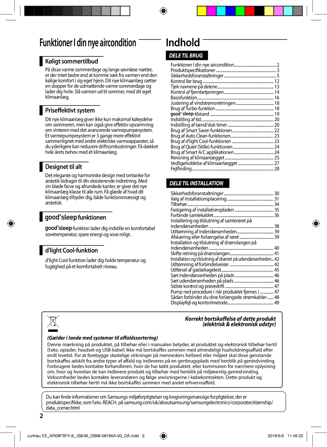 Samsung AR09FSFKBWTXEE, AR09FSFKBWTNEE, AR12FSFKBWTXEE, AR12FSFKBWTNEE manual Indhold 