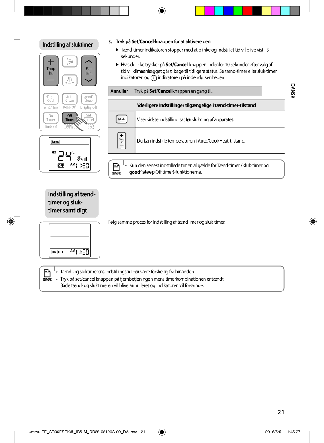 Samsung AR12FSFKBWTXEE, AR09FSFKBWTNEE, AR09FSFKBWTXEE, AR12FSFKBWTNEE manual Indstilling af sluktimer, Off timer-funktionerne 