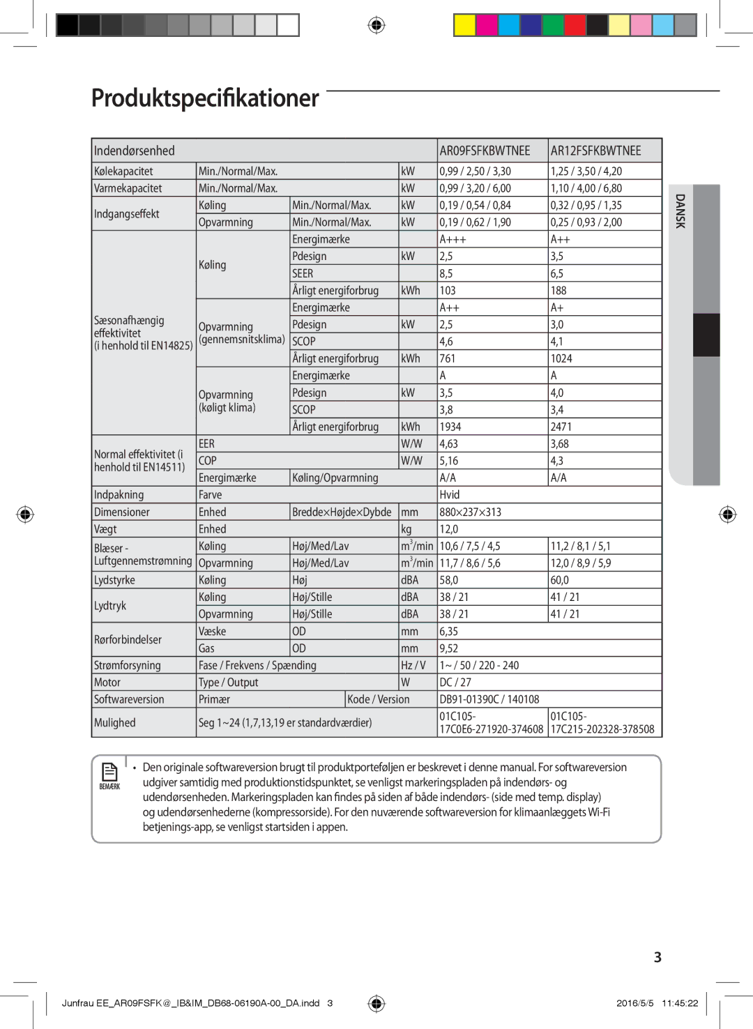 Samsung AR12FSFKBWTNEE, AR09FSFKBWTNEE, AR12FSFKBWTXEE, AR09FSFKBWTXEE manual Produktspecifikationer 