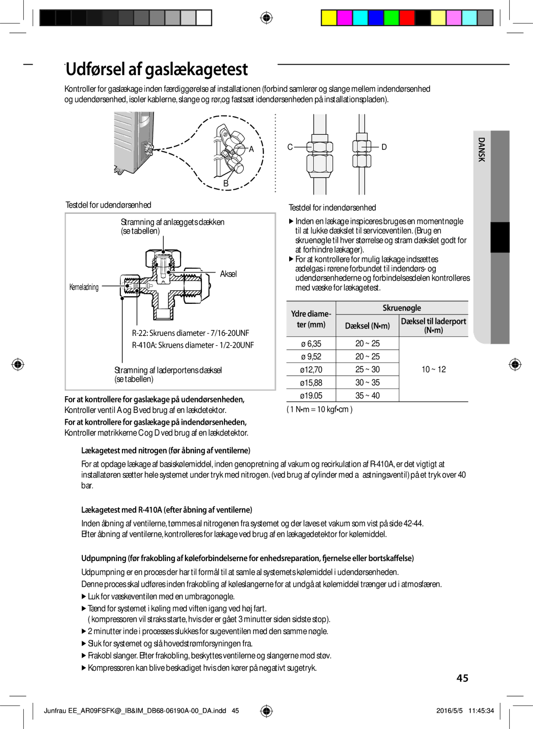 Samsung AR12FSFKBWTXEE manual Udførsel af gaslækagetest, Skruenøgle, Lækagetest med R-410A efter åbning af ventilerne 