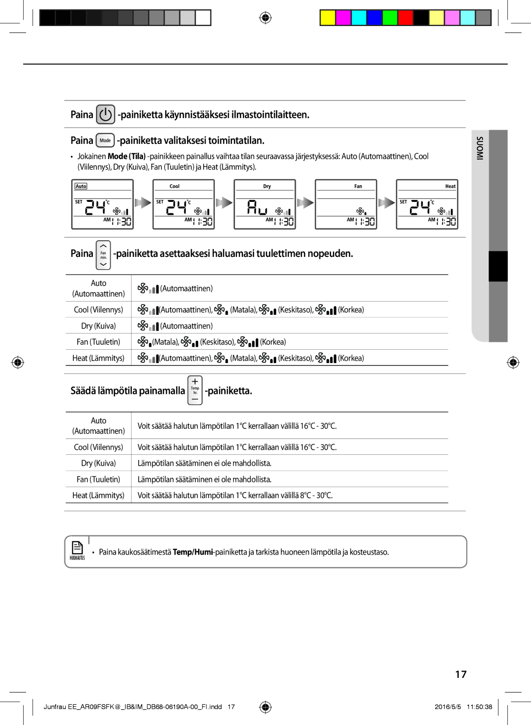 Samsung AR12FSFKBWTXEE, AR09FSFKBWTNEE, AR09FSFKBWTXEE, AR12FSFKBWTNEE manual Säädä lämpötila painamalla -painiketta 