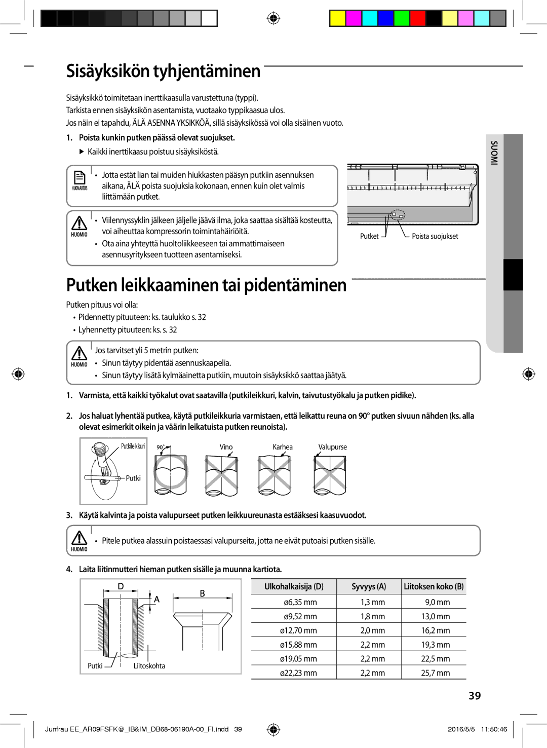 Samsung AR12FSFKBWTNEE, AR09FSFKBWTNEE manual Sisäyksikön tyhjentäminen, Putken leikkaaminen tai pidentäminen, Syvyys a 