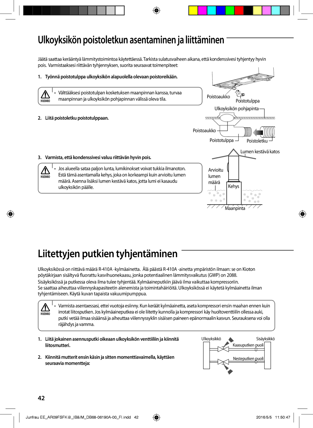 Samsung AR09FSFKBWTXEE, AR09FSFKBWTNEE Liitettyjen putkien tyhjentäminen, Liitä poistoletku poistotulppaan, Liitosmutteri 