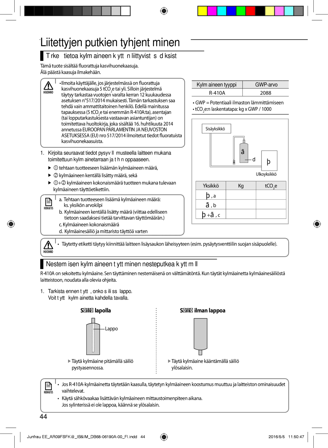 Samsung AR09FSFKBWTNEE, AR12FSFKBWTXEE manual Tärkeää tietoa kylmäaineen käyttöön liittyvistä säädöksistä, GWP-arvo, 2088 