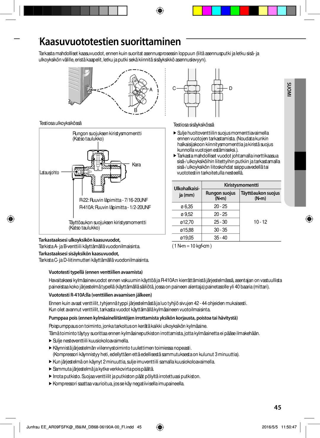 Samsung AR12FSFKBWTXEE manual Kaasuvuototestien suorittaminen, Tarkastaaksesi ulkoyksikön kaasuvuodot, Kiristysmomentti 