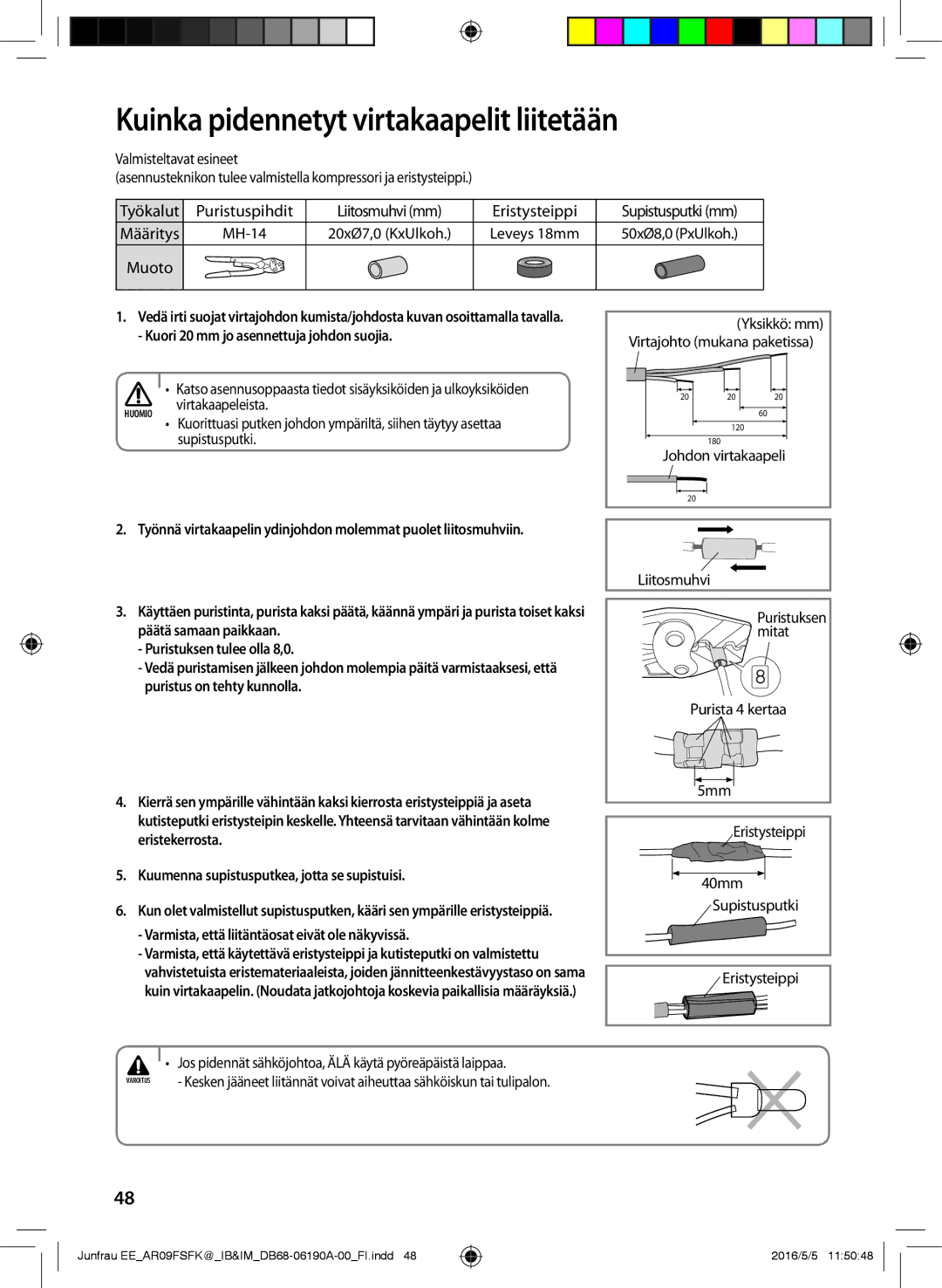 Samsung AR09FSFKBWTNEE, AR12FSFKBWTXEE Kuinka pidennetyt virtakaapelit liitetään, Kuori 20 mm jo asennettuja johdon suojia 