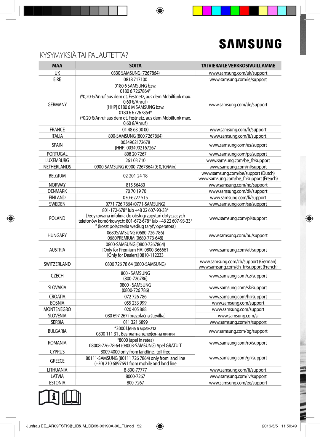 Samsung AR09FSFKBWTNEE, AR12FSFKBWTXEE, AR09FSFKBWTXEE, AR12FSFKBWTNEE manual Kysymyksiä TAI PALAUTETTA? 