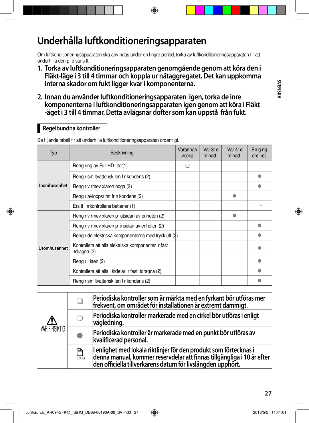 Samsung AR12FSFKBWTNEE Underhålla luftkonditioneringsapparaten, Vägledning, Kvalificerad personal, Regelbundna kontroller 