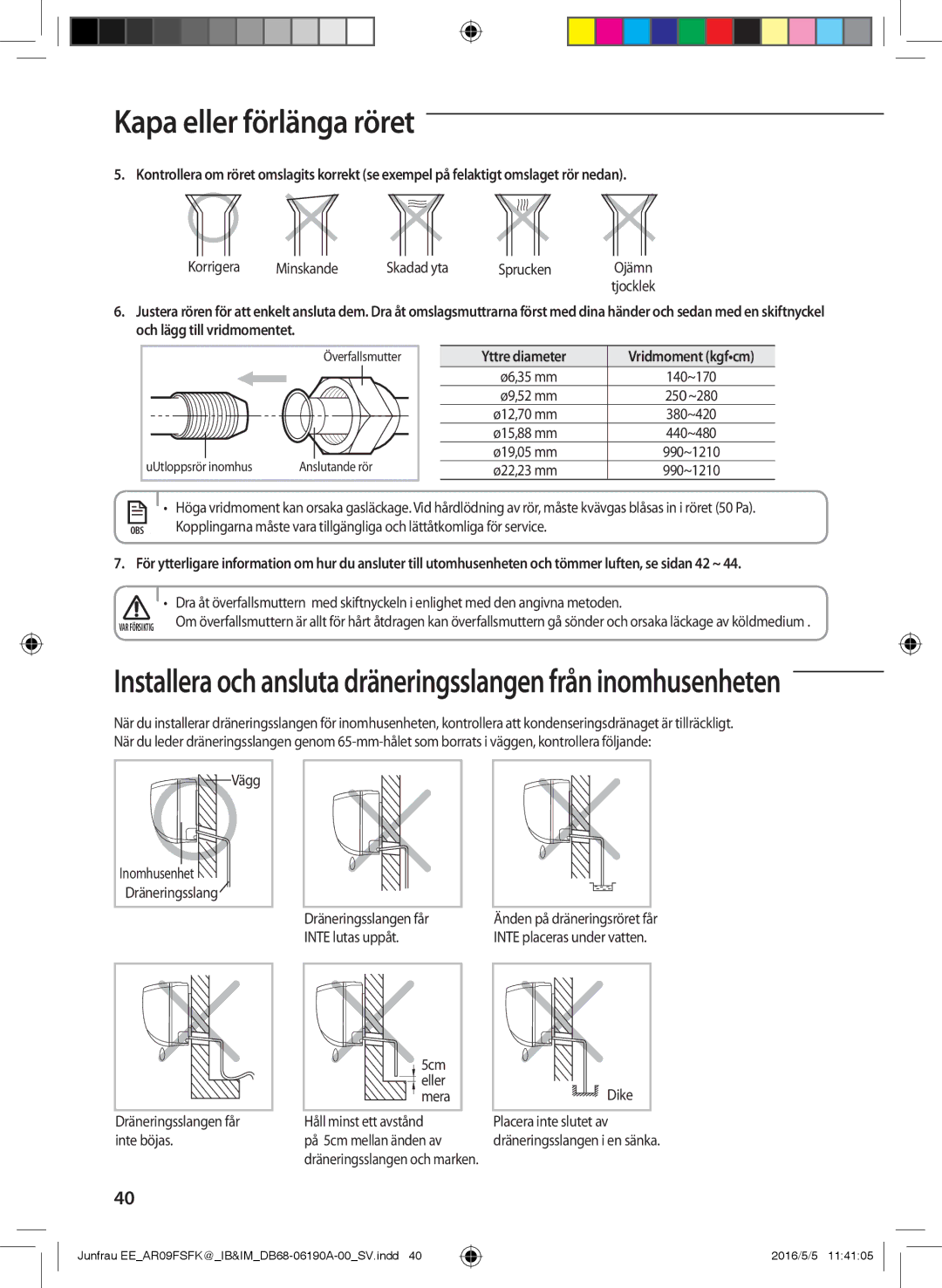 Samsung AR09FSFKBWTNEE, AR12FSFKBWTXEE, AR09FSFKBWTXEE Korrigera Minskande Skadad yta Sprucken, Yttre diameter, Vägg, Dike 