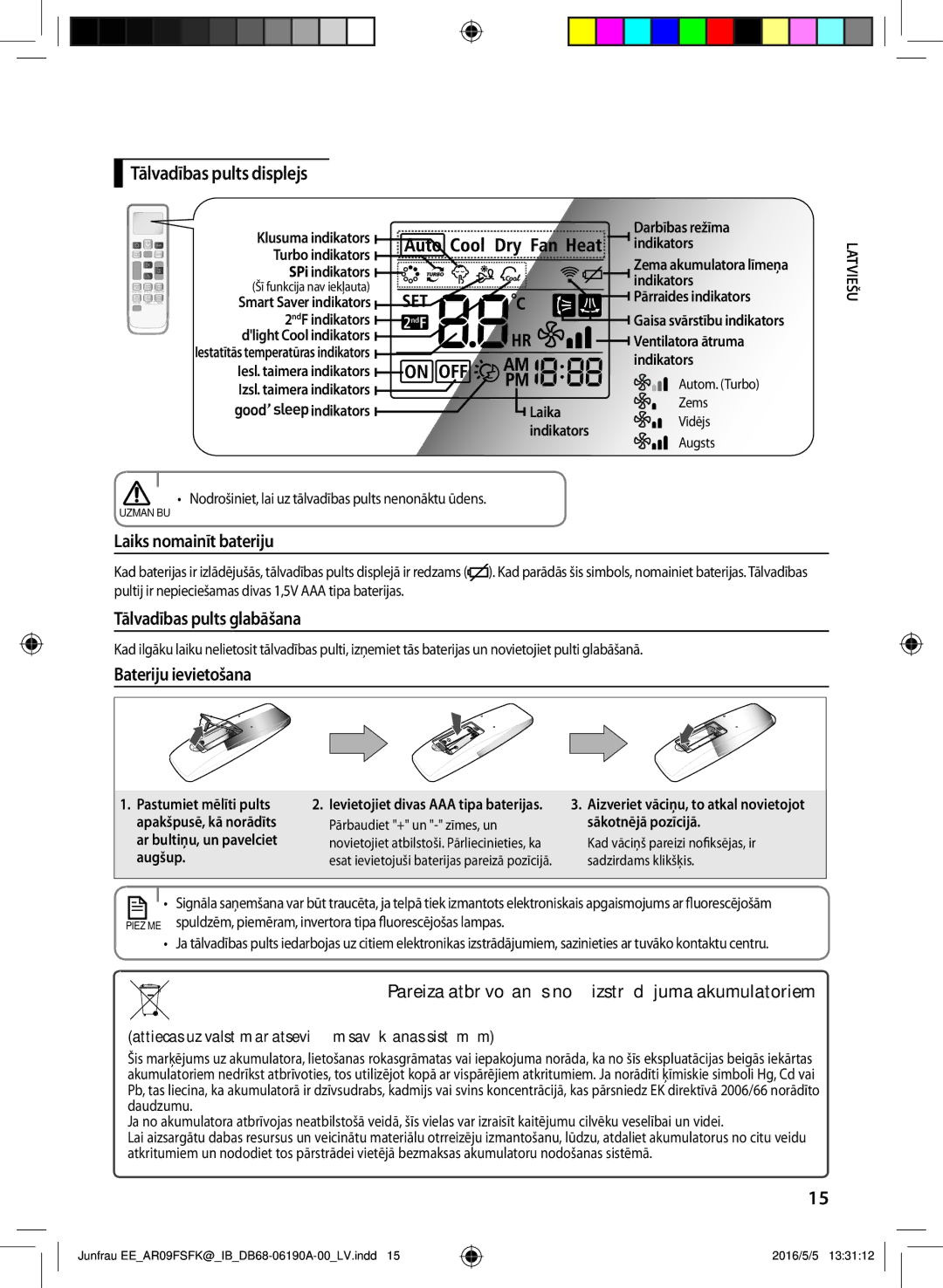 Samsung AR12FSFKBWTNEE, AR09FSFKBWTNEE manual Tālvadības pults displejs, Laiks nomainīt bateriju, Tālvadības pults glabāšana 