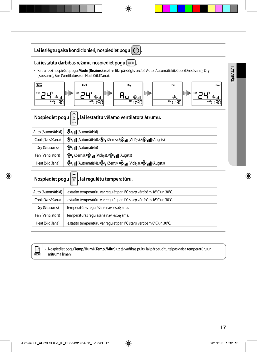 Samsung AR12FSFKBWTXEE, AR09FSFKBWTNEE, AR09FSFKBWTXEE manual Nospiediet pogu , lai iestatītu vēlamo ventilatora ātrumu 