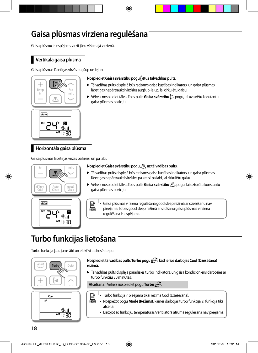 Samsung AR09FSFKBWTXEE manual Gaisa plūsmas virziena regulēšana, Turbo funkcijas lietošana, Vertikāla gaisa plūsma 