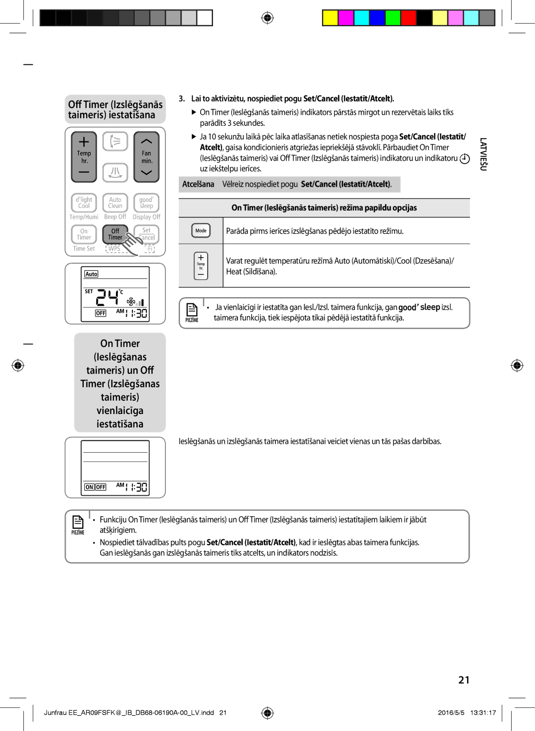 Samsung AR12FSFKBWTXEE, AR09FSFKBWTNEE, AR09FSFKBWTXEE, AR12FSFKBWTNEE manual Off Timer Izslēgšanās taimeris iestatīšana 